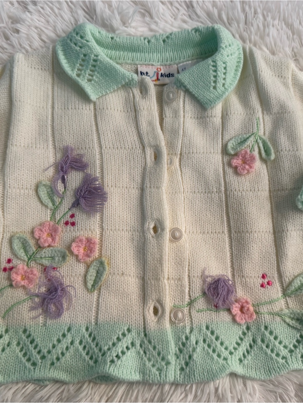 Baby Floral Knit Embroidered Cardigan Cream with Mint Collar